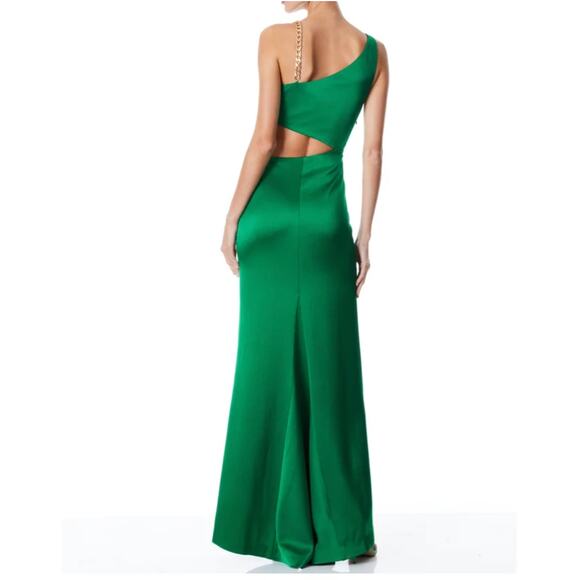 Alice + Olivia Karoline Chain Shoulder Cutout Gown In Emerald Size 10 - Picture 4 of 11